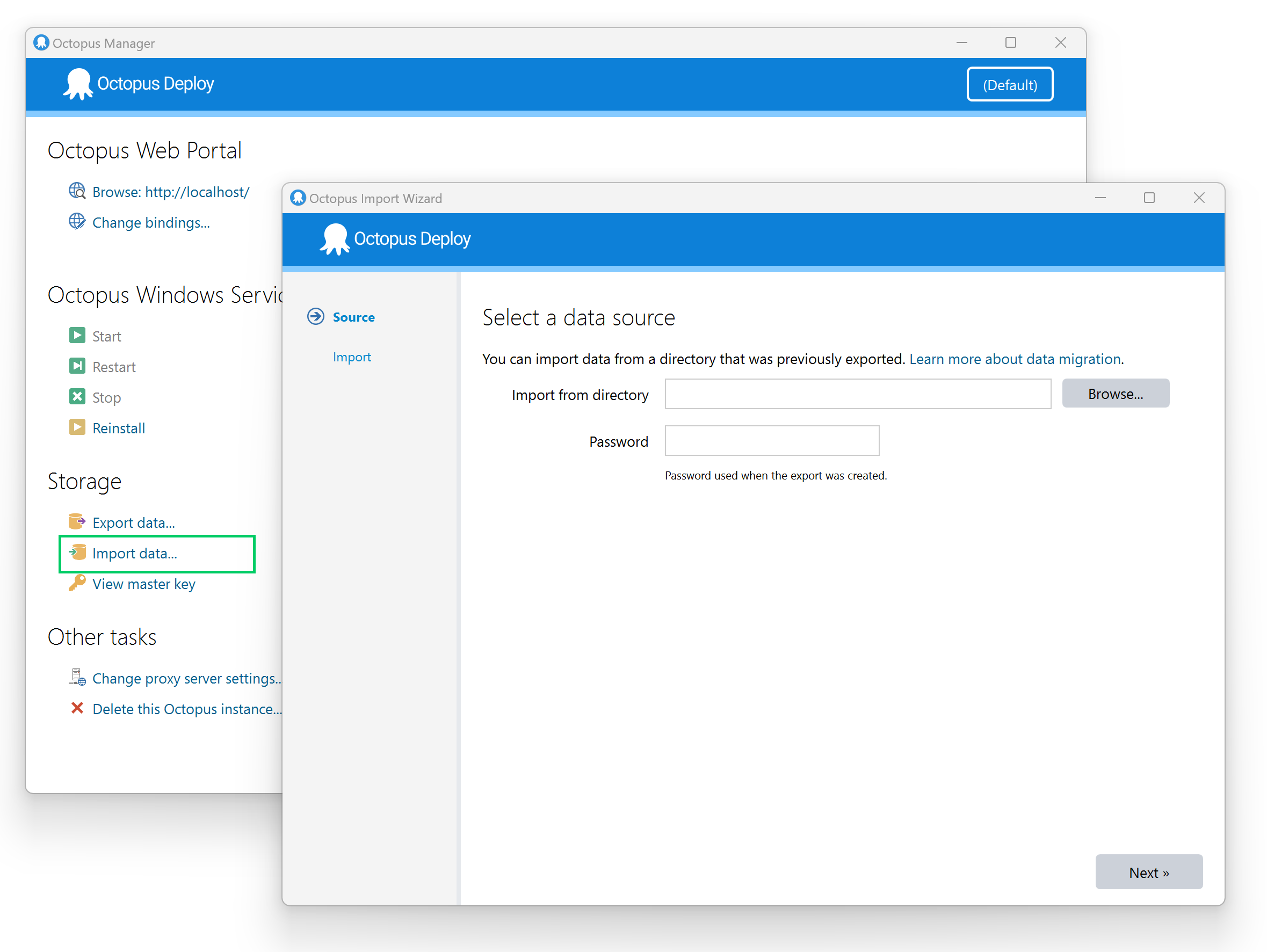 The Octopus Import Wizard is accessed via the Octopus Manager, Import data… option