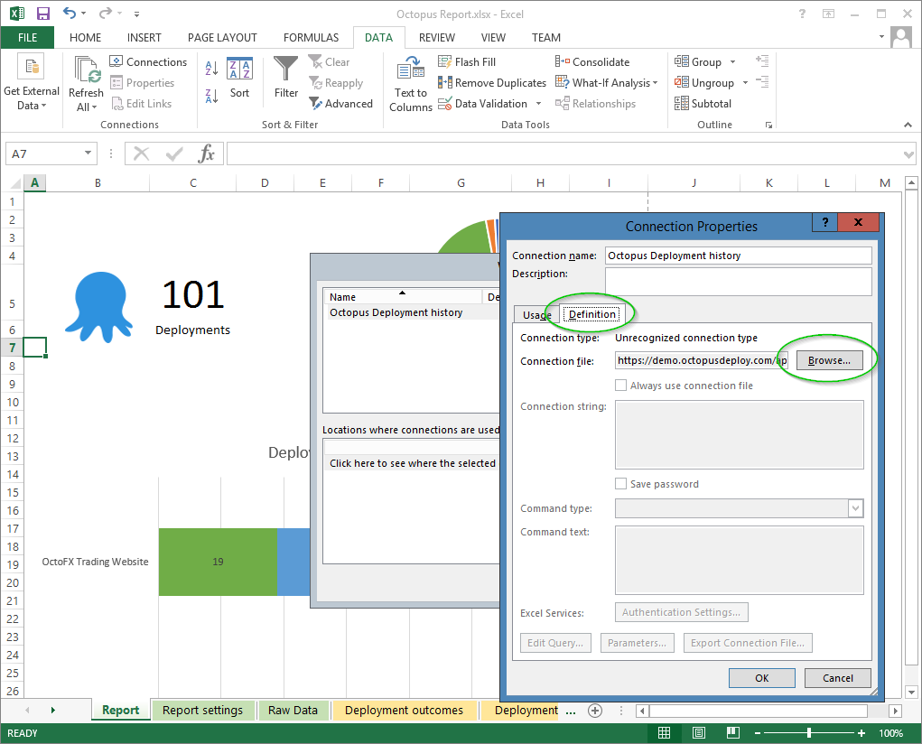 The Definition tab of the connection properties dialog