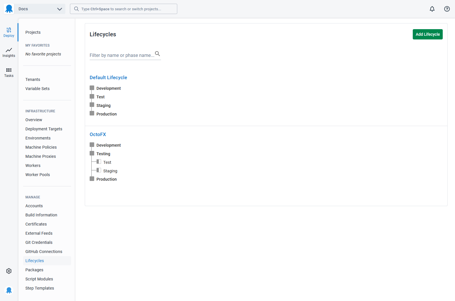 The Lifecycles page under Deploy ➜ Manage