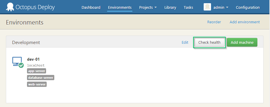 The Check Health option on the Environments page