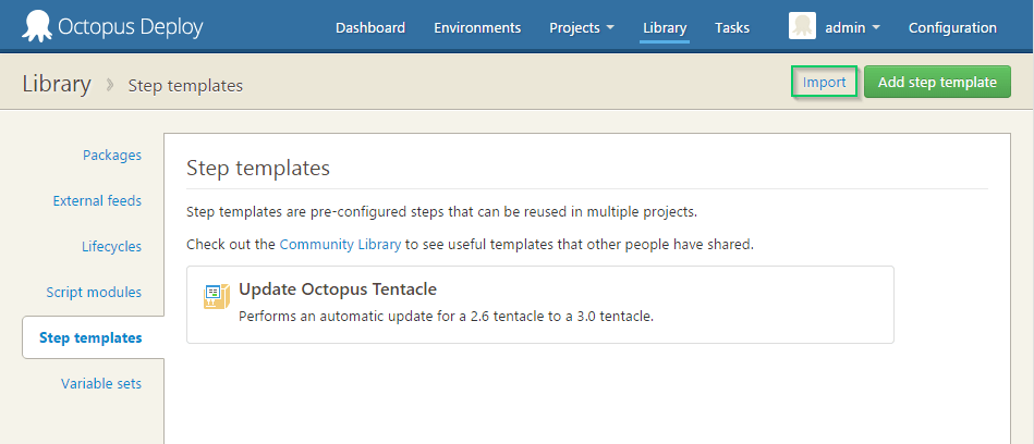 Importing the Hydra step template from the Community Library