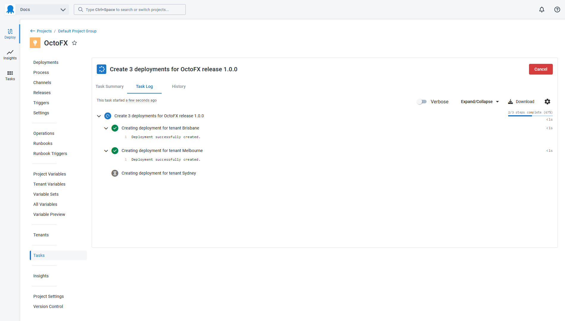 A bulk deployment creation server task listing each requested deployment