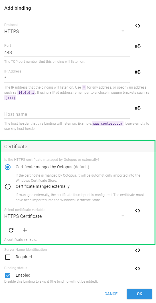 Configuring an HTTPS binding for an IIS website with a certificate variable