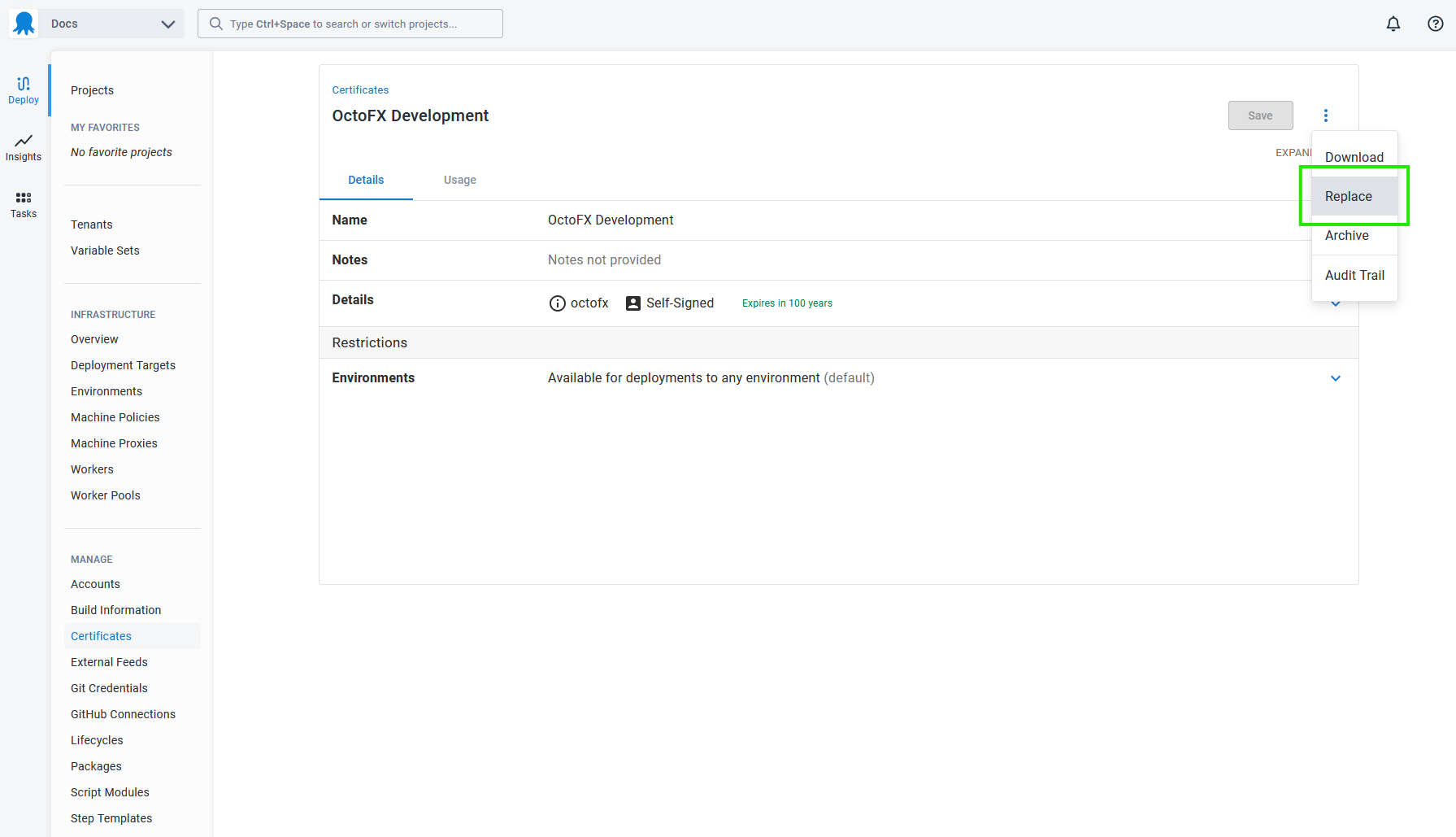 The Replace button on the certificate details page