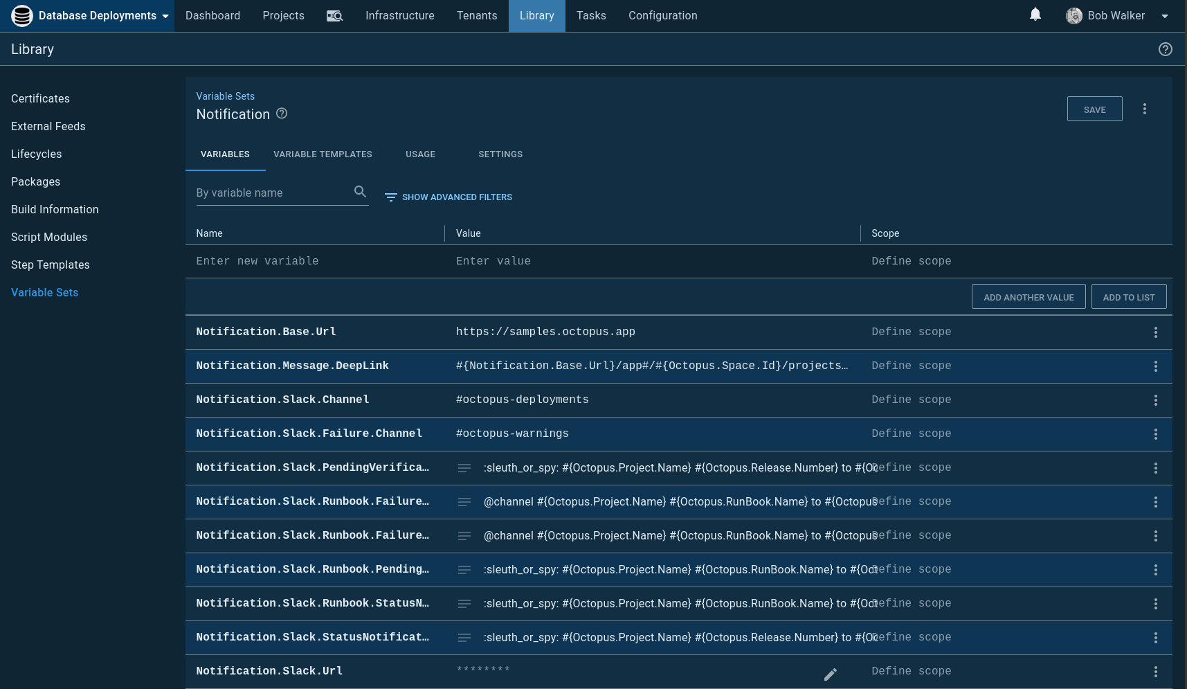 A variable set storing notification values