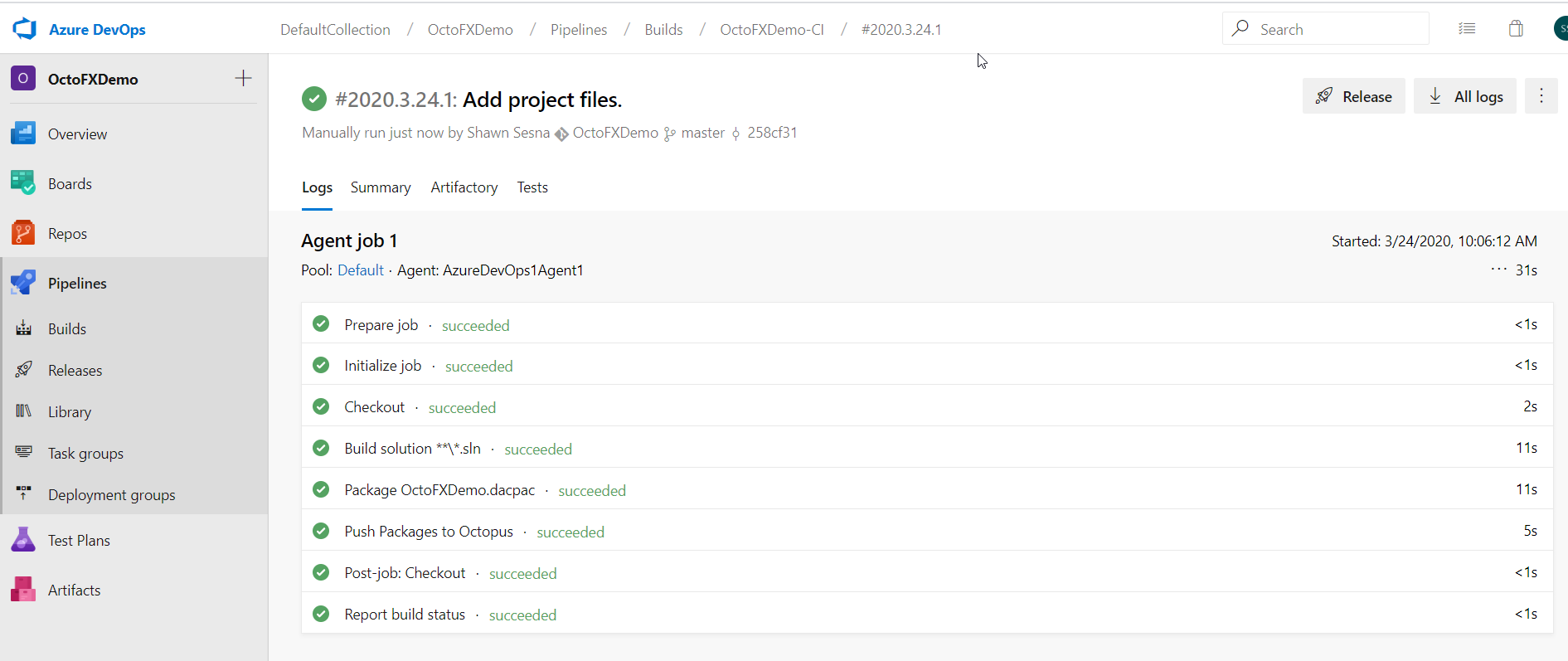 A successful Azure DevOps build pushing the artifact to Octopus
