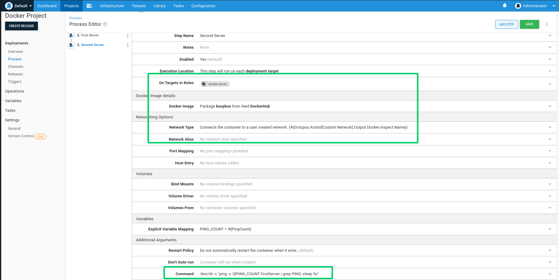 The second container step configured to ping the first