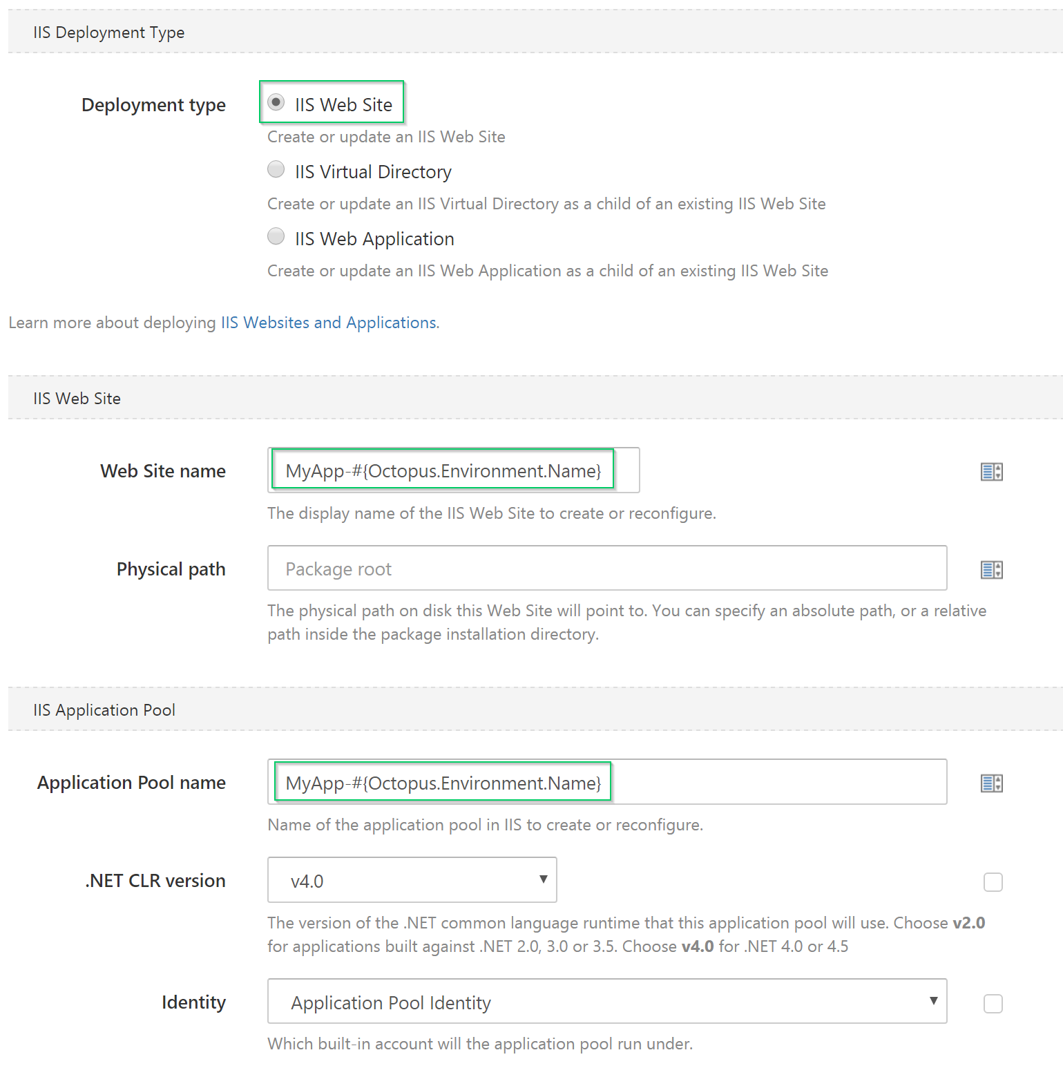 The IIS website settings for the step