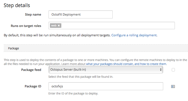 The step details with the target tag and octofxjs package ID
