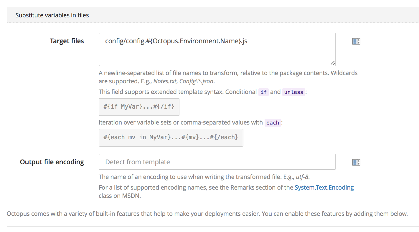 The Substitute Variables in Templates feature targeting the config file
