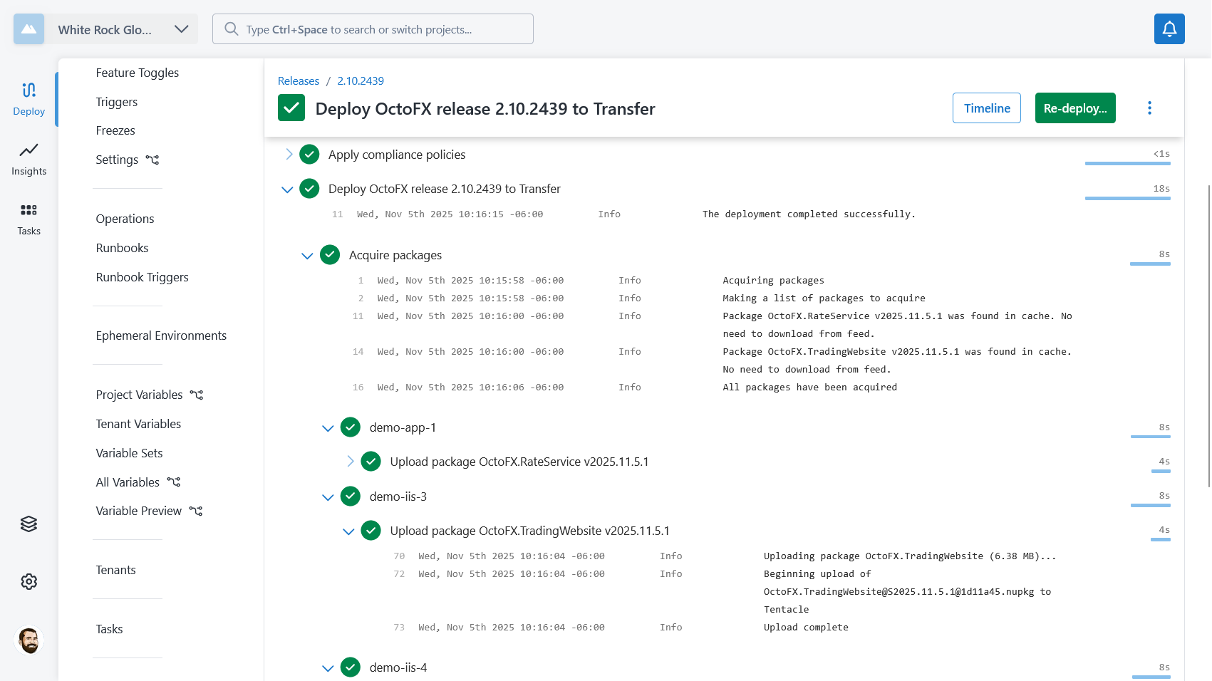 Acquisition logs showing packages uploaded during the Transfer phase