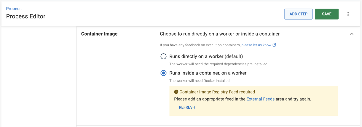 Container image expander with ‘Runs inside a container, on a worker selected’.