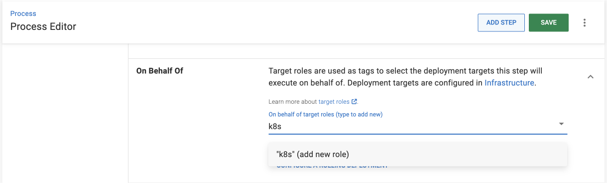 Target tag selection expander with ‘k8s’ tag currently added.