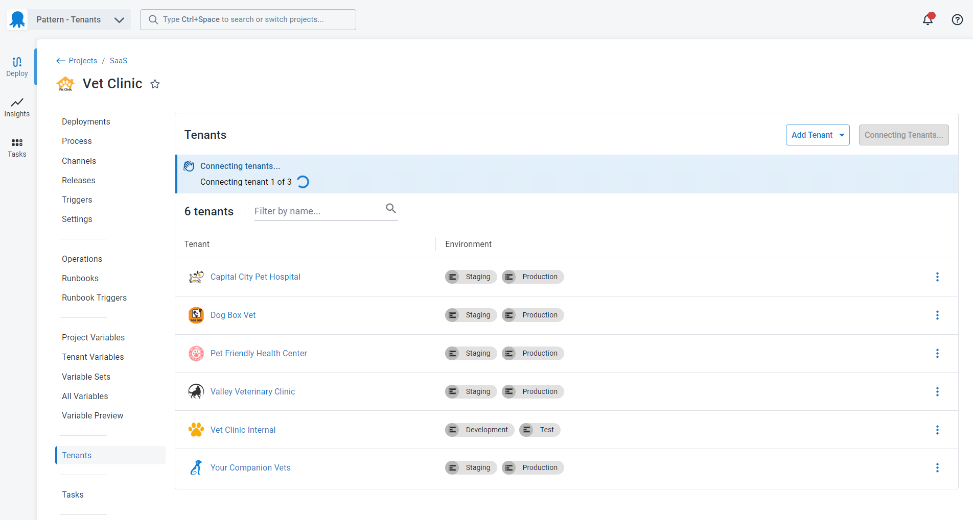 A bulk tenant connection operation in progress
