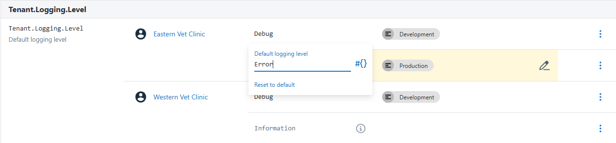 Editing tenant variable values for each tenant and environment