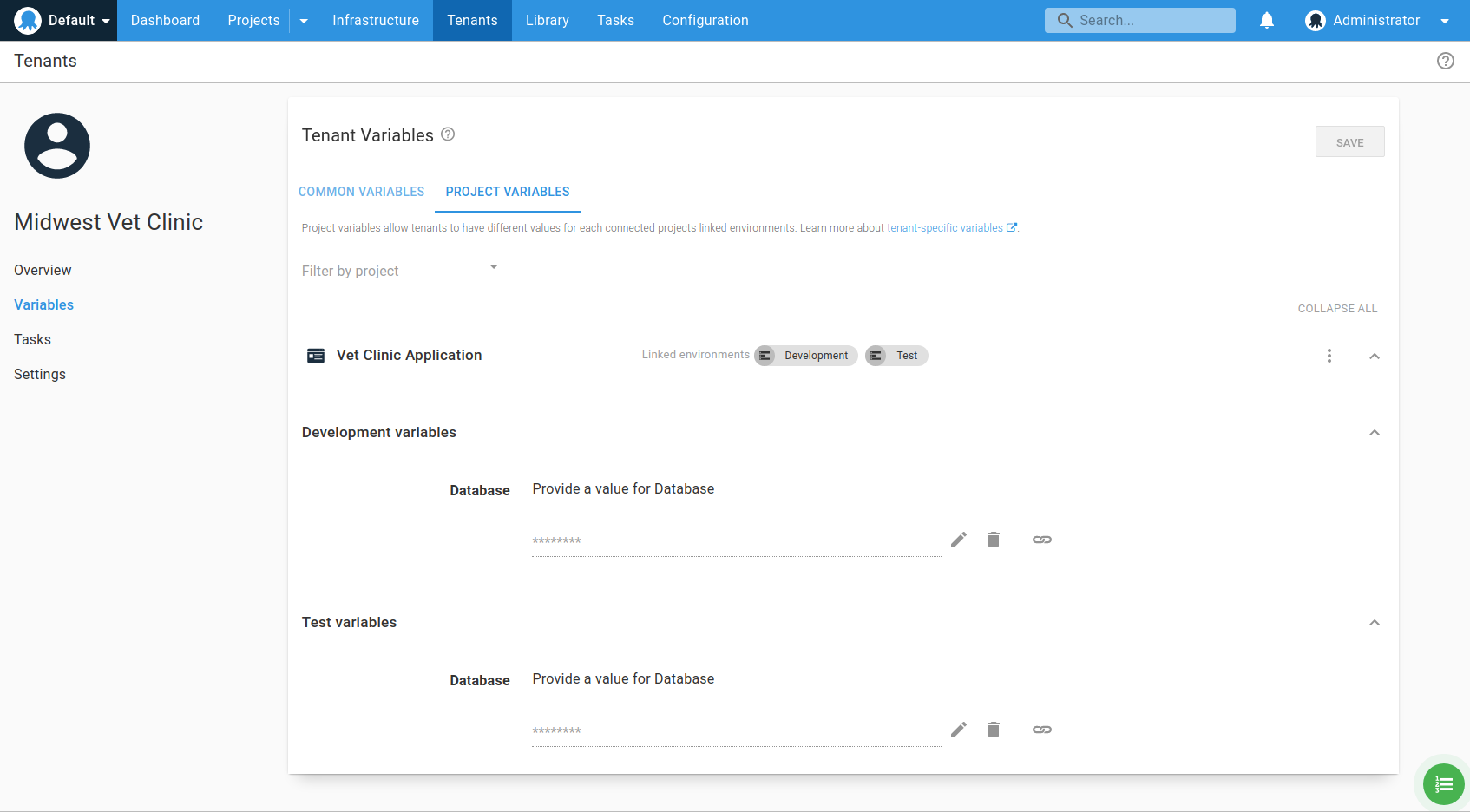 Providing project template values for each connected environment