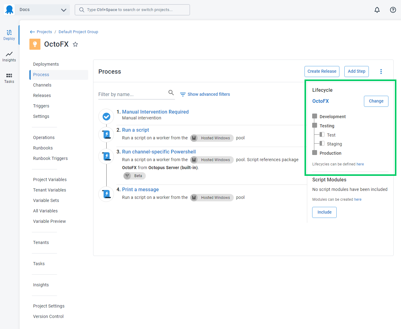 A project’s deployment progressing through the environments in its lifecycle
