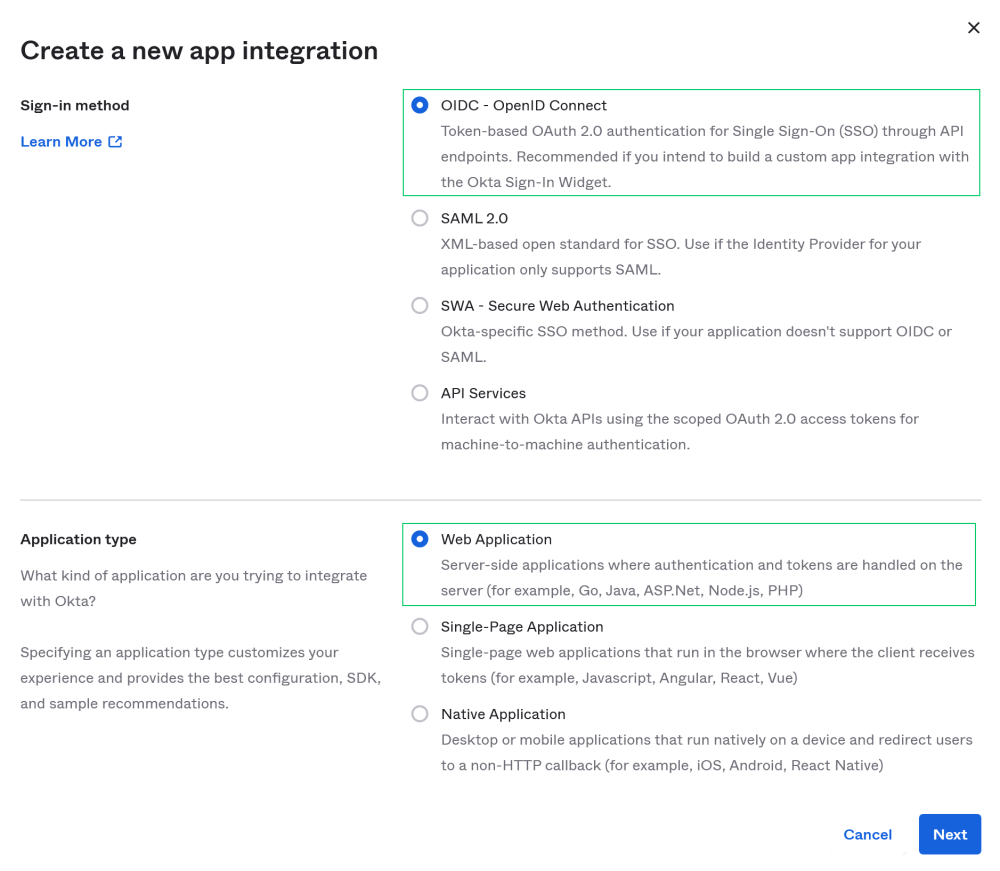 Choosing OIDC and Web Application for the new Okta app integration