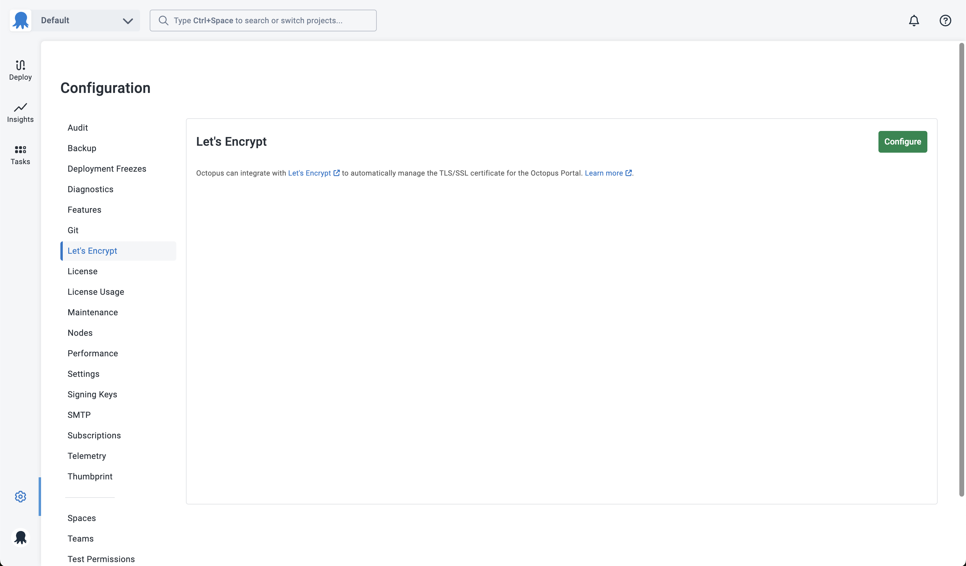 The Let’s Encrypt page under Configuration