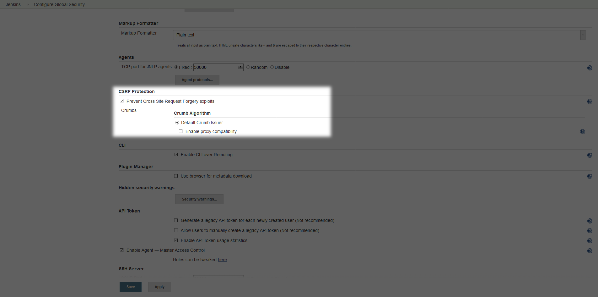 The CSRF protection setting in Jenkins