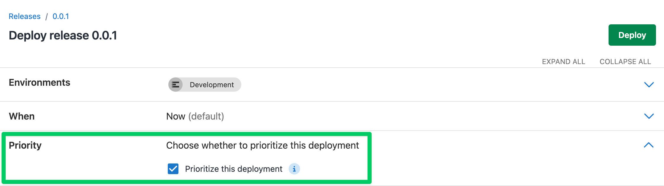 Deploy release page showing the selected ‘Prioritize this deployment’ checkbox.