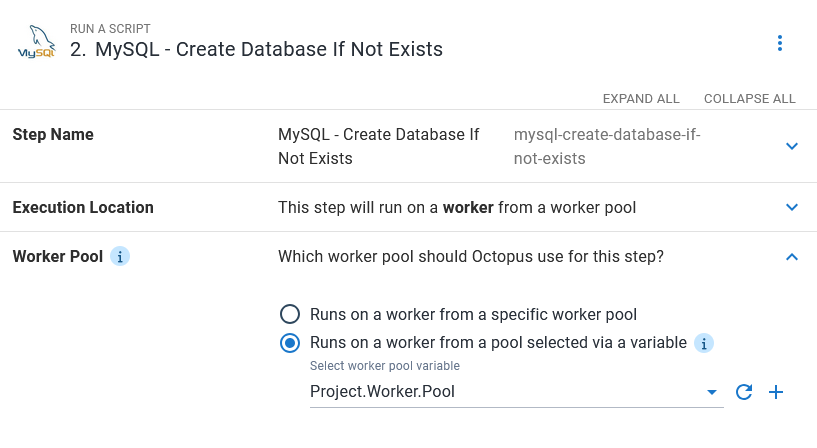 The MySQL - Create Database If Not Exists step configured to run on a worker using the Project.Worker.Pool variable