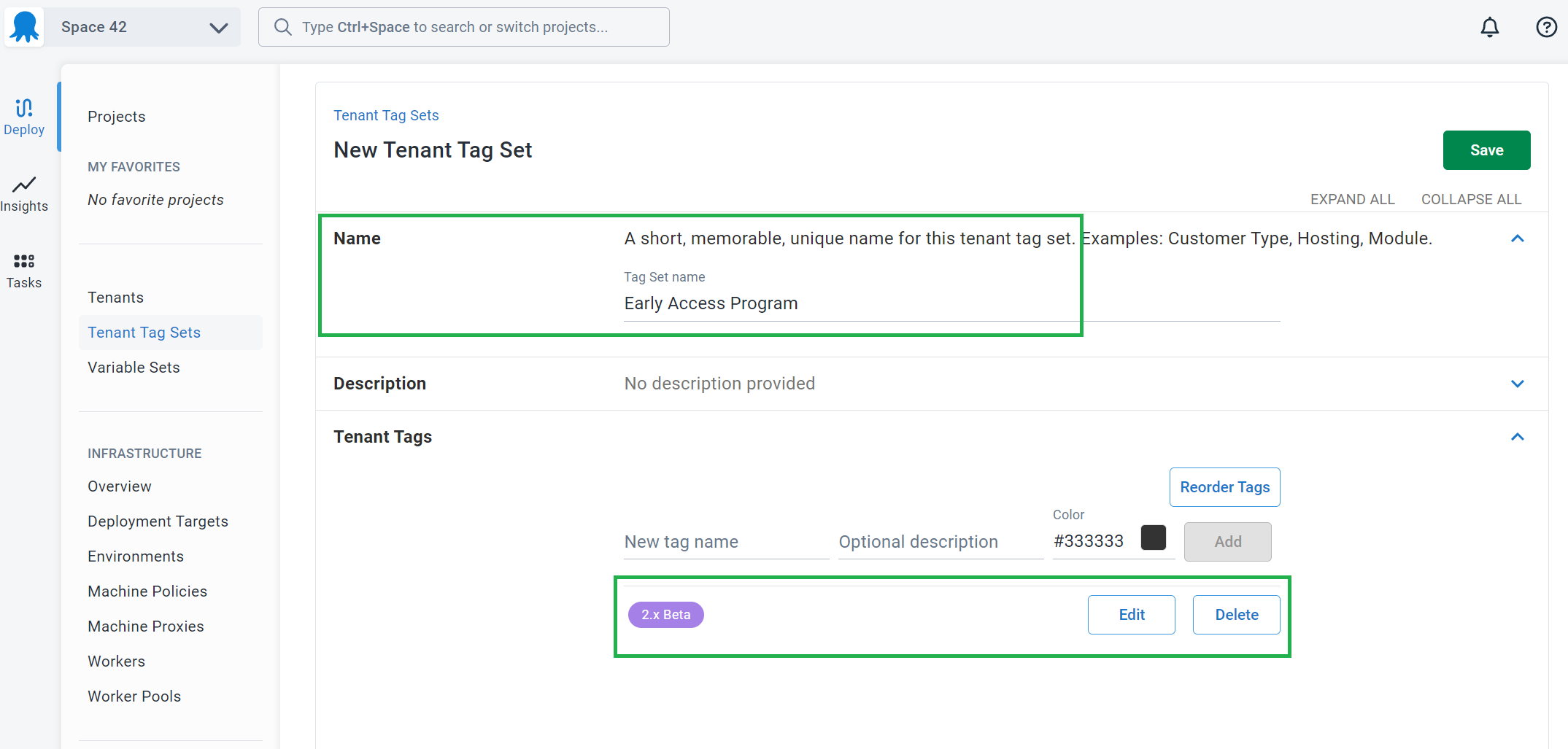 A 2.x Beta tag added to a tenant tag set
