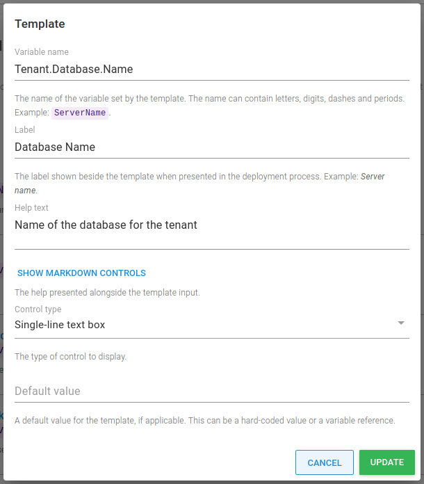 Editing a project template’s variable type and default value