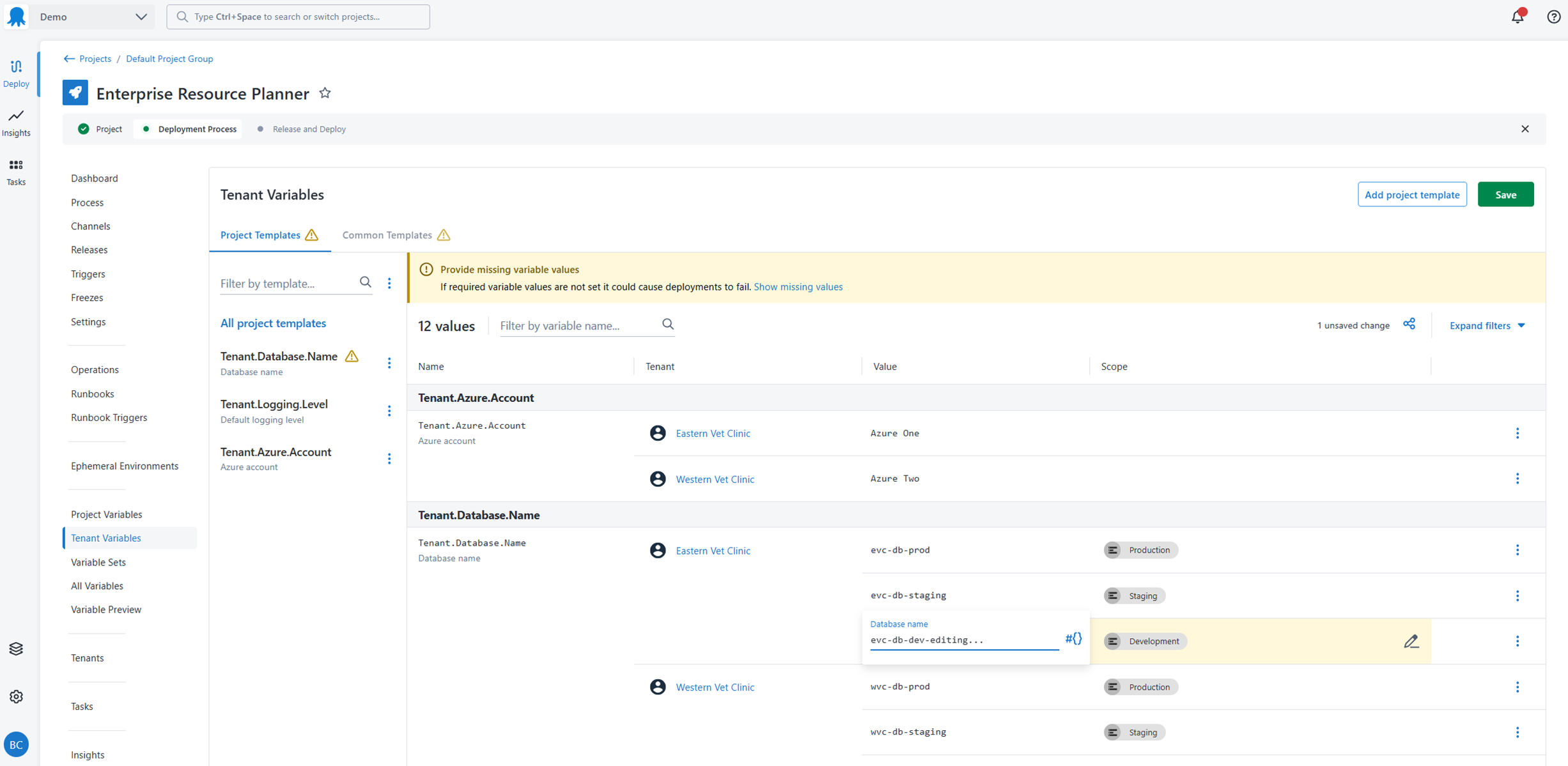 Editing project template values for every tenant and environment on one screen